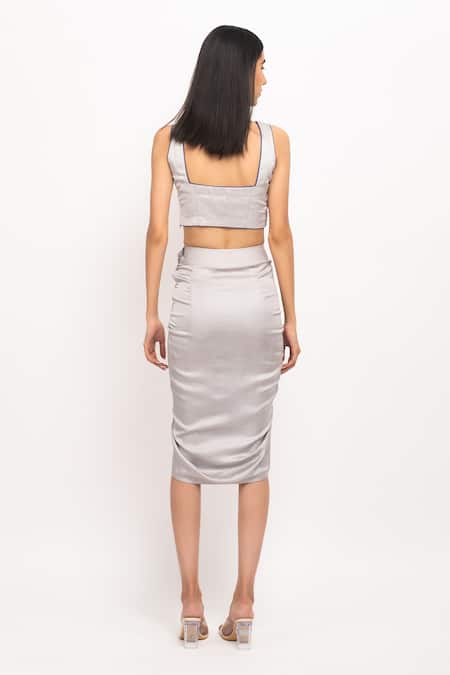 Neora By Nehal Chopra Grey Square Neck Bustier And Ruched Skirt Set Online at Aza Fashions Neora By Nehal Chopra_Grey Square Neck Bustier And Ruched Skirt Set _Online_at_Aza_Fashions