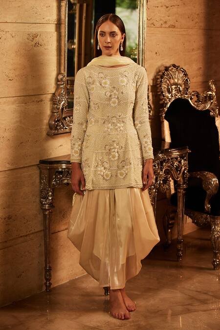 Shop House of Exotique Ivory Organza, Net, Lurex Crystals, Pearls, Embroidered Embellished Kurta Set at Aza Fashions Shop_House of Exotique_Ivory Organza, Net, Lurex Crystals, Pearls, Embroidered Embellished Kurta Set _at_Aza_Fashions
