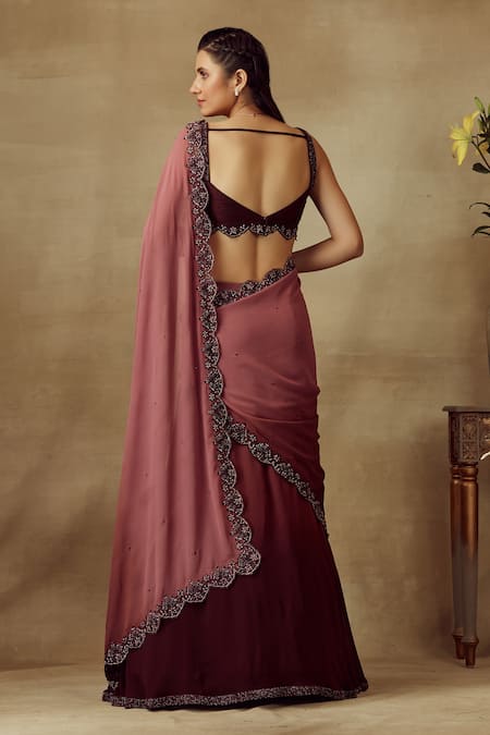 Shop Shilpi Gupta Wine Saree Silk Georgette And Blouse Viscose Ombre Lehenga With at Aza Fashions Shop_Shilpi Gupta_Wine Saree Silk Georgette And Blouse Viscose Ombre Lehenga With _at_Aza_Fashions