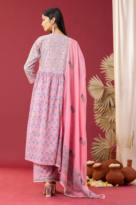 Shop Abbaran Pink Cotton Embroidery V-neck Floret Print Anarkali Palazzo Set at Aza Fashions Shop_Abbaran_Pink Cotton Embroidery V-neck Floret Print Anarkali Palazzo Set _at_Aza_Fashions