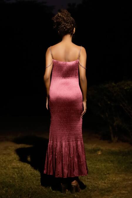 Shop Zwaan Pink Satin Scoop Neck Micro Pleated Dress at Aza Fashions Shop_Zwaan_Pink Satin Scoop Neck Micro Pleated Dress_at_Aza_Fashions