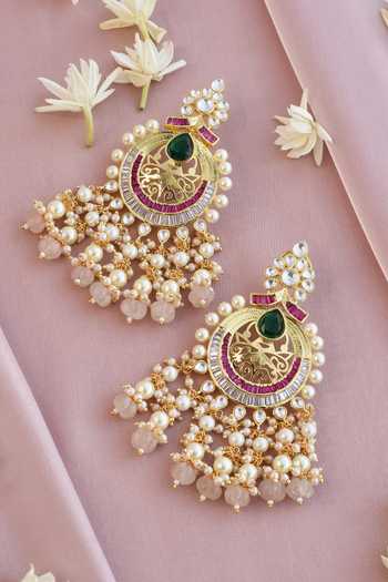 Shop Swabhimann Multi Color Pearls Multicolor Kundan Chandbalis at Aza Fashions Shop_Swabhimann_Multi Color Pearls Multicolor Kundan Chandbalis_at_Aza_Fashions