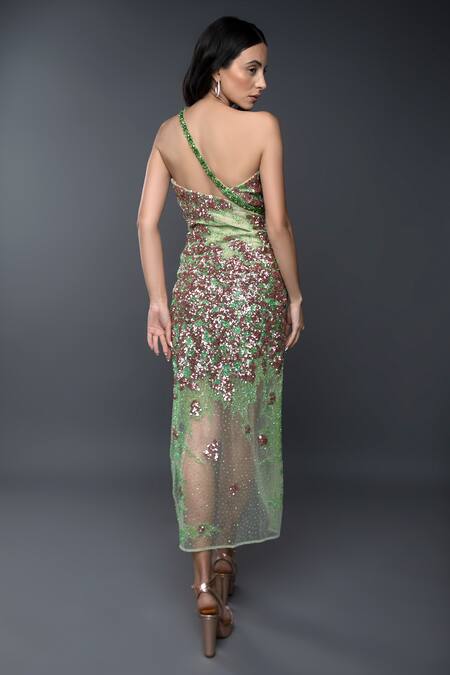 Shop_Anjum Qureshi_Green Net Sequins Asymmetric Embroidered One Shoulder Dress _at_Aza_Fashions