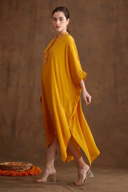 Shop Nikasha Yellow Viscose Embroidery, Mirrors Keyhole Neck Yoke Kaftan Dress at Aza Fashions Shop_Nikasha_Yellow Viscose Embroidery, Mirrors Keyhole Neck Yoke Kaftan Dress _at_Aza_Fashions