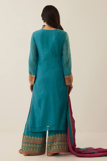 Shop Shrutkirti Blue Chanderi Silk Embroidered Aari Round Straight Kurta Palazzo Set at Aza Fashions Shop_Shrutkirti_Blue Chanderi Silk Embroidered Aari Round Straight Kurta Palazzo Set _at_Aza_Fashions