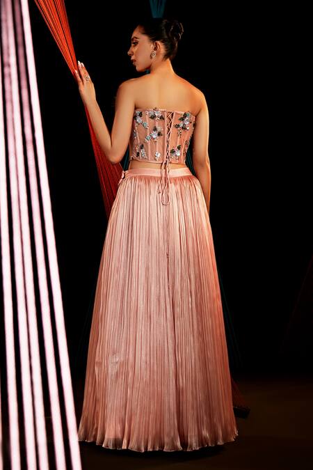 Shop_Roqa_Pink Net, Organza Embroidery Sweetheart Neck Floral Blouse Lehenga Set _at_Aza_Fashions