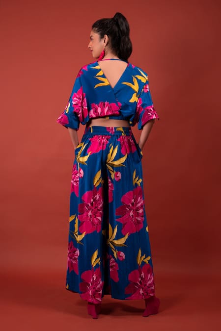 Shop_Rimi Nayak_Blue Modal, Crepe V-neck Chrysanthemum Flower Print Overlapped Top _at_Aza_Fashions
