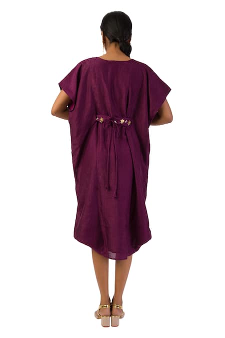Shop Meghna Shah Wine Denim Beads, Stones V-neck Embroidered Kaftan Dress With Belt at Aza Fashions Shop_Meghna Shah_Wine Denim Beads, Stones V-neck Embroidered Kaftan Dress With Belt _at_Aza_Fashions
