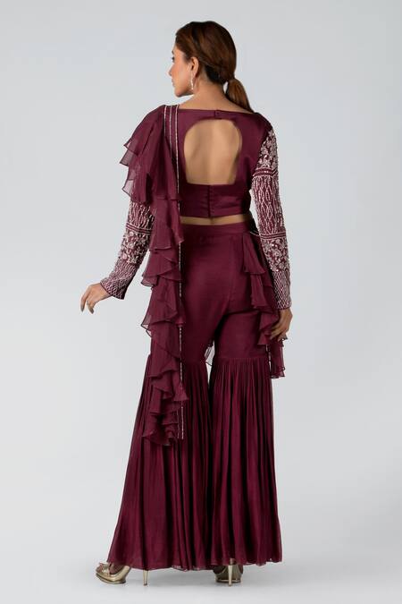 Shop Suruchi Parakh Brown Georgette Crepe V Neck Sharara Pant Saree With Blouse at Aza Fashions Shop_Suruchi Parakh_Brown Georgette Crepe V Neck Sharara Pant Saree With Blouse_at_Aza_Fashions