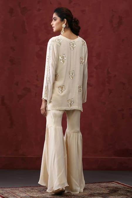 Shop_Minaki_Ivory Georgette, Organza Sequins, Embroidery V-neck Floral Kurta Sharara Set _at_Aza_Fashions
