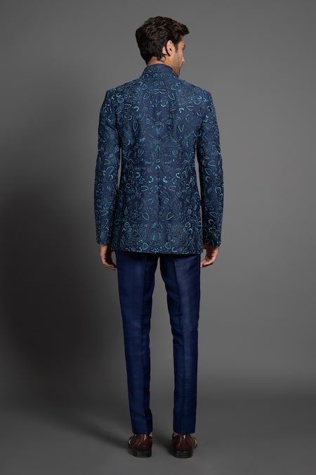 Shop Raghavendra Rathore Jodhpur Blue Silk Embroidery Floral Bandhgala at Aza Fashions Shop_Raghavendra Rathore Jodhpur_Blue Silk Embroidery Floral Bandhgala _at_Aza_Fashions