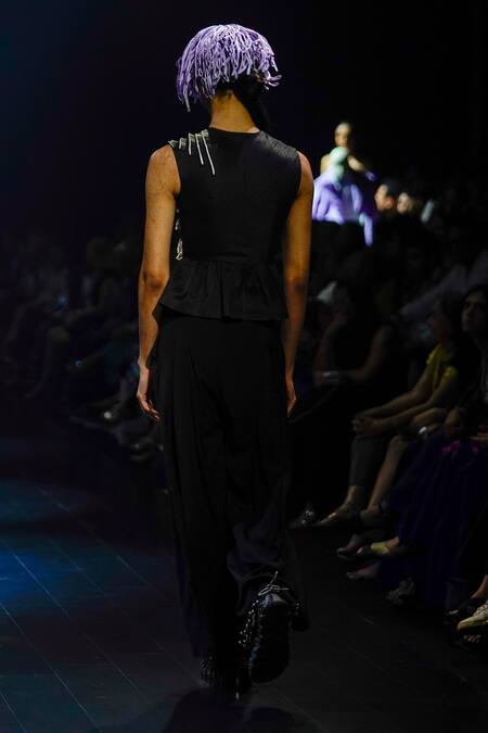 Shop Nitin Bal Chauhan Black Cotton, Silk Embroidery Round Neck Peplum Top And Pant Set at Aza Fashions Shop_Nitin Bal Chauhan_Black Cotton, Silk Embroidery Round Neck Peplum Top And Pant Set_at_Aza_Fashions