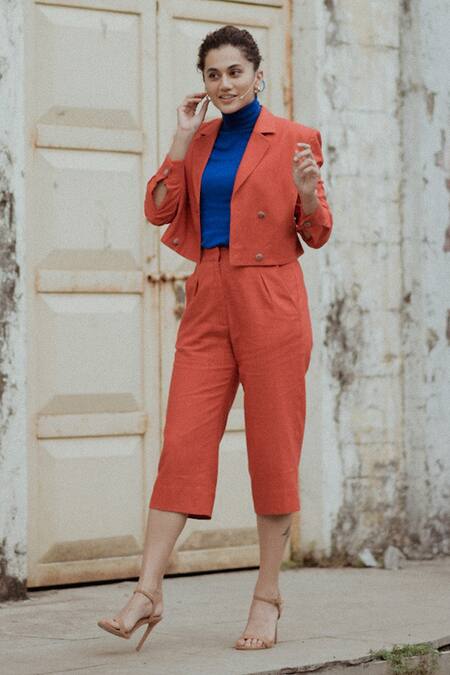 Shop_Betrue_Orange Cotton, Linen Embroidery Collared Double Breasted Jacket And Culottes Set _at_Aza_Fashions
