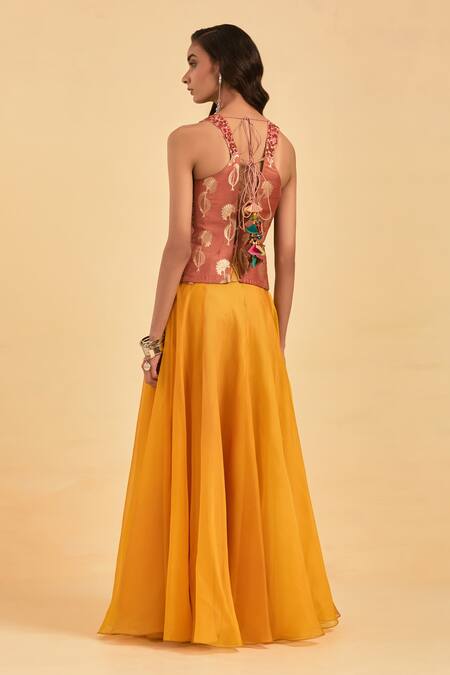 Shop_Aum By Asit And Ashima_Orange Organza Embroidery Flower Vine V Neck Corset With Skirt _at_Aza_Fashions
