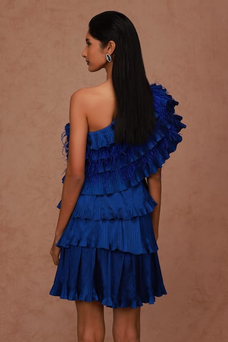 Shop Shriya Som Blue Taffeta Feathers One Shoulder Tiered Detail Dress at Aza Fashions Shop_Shriya Som_Blue Taffeta Feathers One Shoulder Tiered Detail Dress _at_Aza_Fashions
