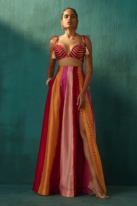Shop Aapro Multi Color Chanderi And Organza Gota Patti V Neck Noor Lehenga Set at Aza Fashions Shop_Aapro_Multi Color Chanderi And Organza Gota Patti V Neck Noor Lehenga Set_at_Aza_Fashions