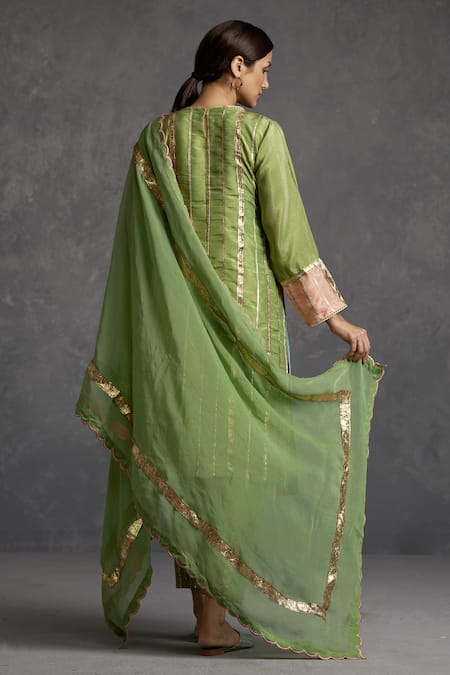 Shop Affroz Green Tissue Silk Gota Patti Round Neck Two Toned Lace Kurta Set at Aza Fashions Shop_Affroz_Green Tissue Silk Gota Patti Round Neck Two Toned Lace Kurta Set _at_Aza_Fashions