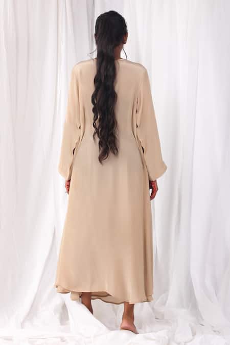 Shop Khat Brown Crepe V-neck Overlapped Yoke Kurta With Dupatta at Aza Fashions Shop_Khat_Brown Crepe V-neck Overlapped Yoke Kurta With Dupatta _at_Aza_Fashions