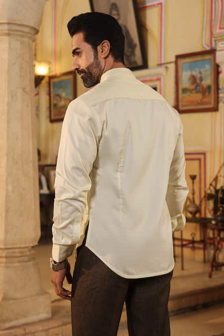 Shop_Raw & Rustic By Niti Bothra_Yellow Cotton Embroidery Mandarin Collar Straight Kurta Shirt _at_Aza_Fashions