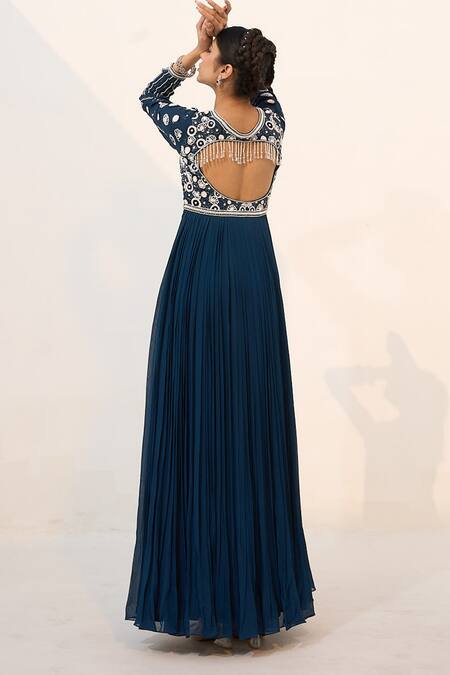 Shop Nayna Kapoor Blue Georgette Sequins, Embroidery Plunge Floral Embellished Bodice Anarkali at Aza Fashions Shop_Nayna Kapoor_Blue Georgette Sequins, Embroidery Plunge Floral Embellished Bodice Anarkali_at_Aza_Fashions