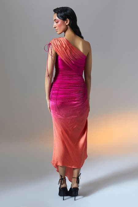 Shop_Aroka_Pink Modal, Satin One Shoulder Rosie Ruched High Slit Dress _at_Aza_Fashions