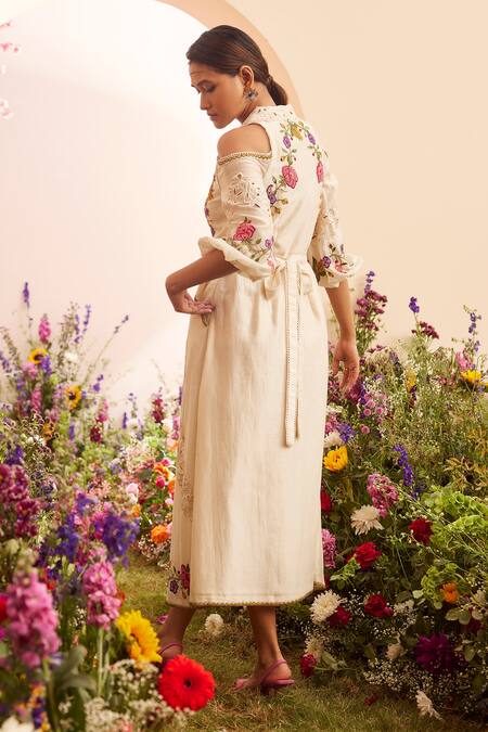 Shop Chandrima Ivory Chanderi Embroidery Collared Floral Cold Shoulder Dress at Aza Fashions Shop_Chandrima_Ivory Chanderi Embroidery Collared Floral Cold Shoulder Dress _at_Aza_Fashions