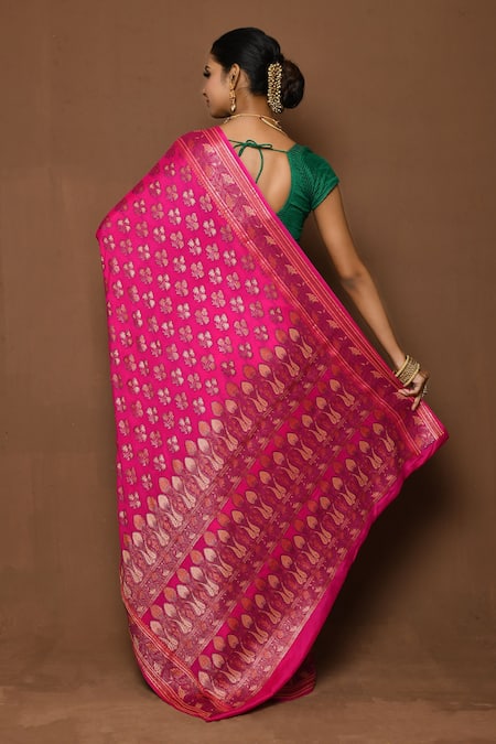 Shop_Samyukta Singhania_Pink Georgette Embroidery Woven Champa Pattern Saree _at_Aza_Fashions