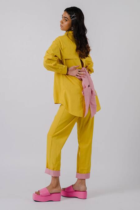 Shop Tussah By Siddhi Shah Yellow Cotton Bows Collared Solid Asymmetric Shirt And Pant Set at Aza Fashions Shop_Tussah By Siddhi Shah_Yellow Cotton Bows Collared Solid Asymmetric Shirt And Pant Set _at_Aza_Fashions