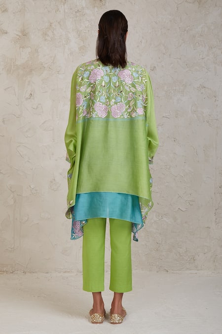 Shop_Sue Mue_Green Chanderi Embroidery Split V-neck Zimal Kaftan And Pant Set _at_Aza_Fashions
