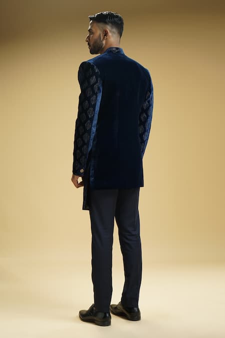 Shop Kommal Sood Blue Velvet, Kota Doria Embroidery Peacock Motif Achkan And Trouser Set at Aza Fashions Shop_Kommal Sood_Blue Velvet, Kota Doria Embroidery Peacock Motif Achkan And Trouser Set _at_Aza_Fashions