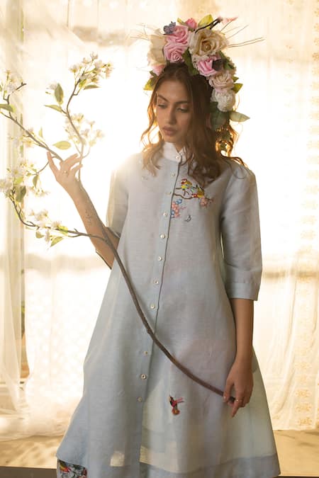 House Of Three Blue Linen High Neck Embroidered Tunic