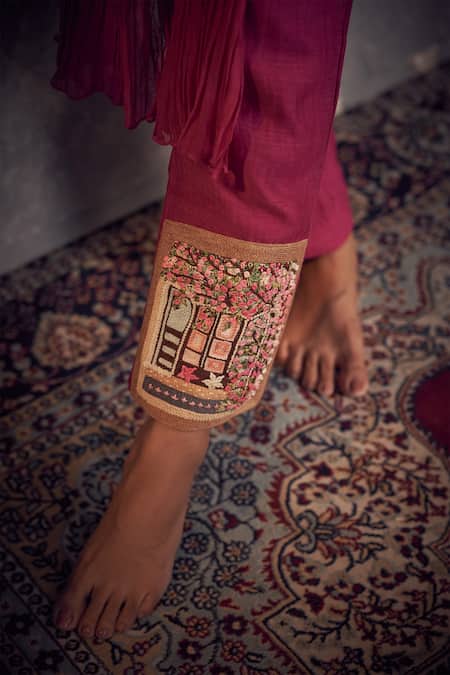 Shop_Hirika & Dhruti_Pink Chanderi Embroidery Round Neck Crinkled Kurta And Pant Set _at_Aza_Fashions