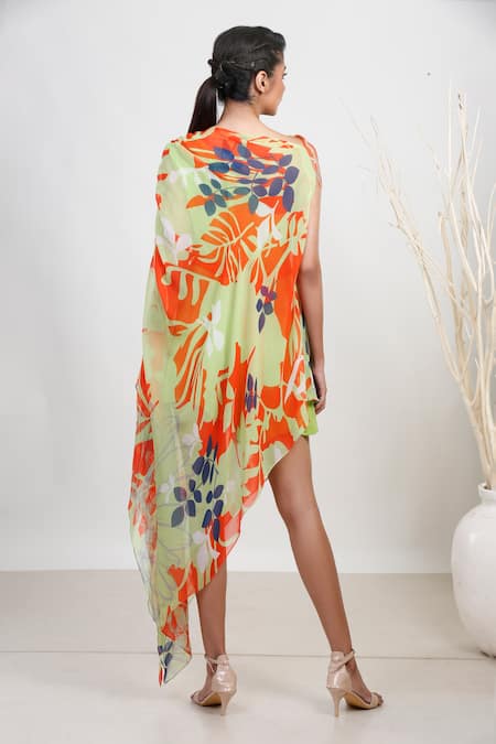 Shop_Garo_Green Chiffon One Shoulder Leaf Print Dress With Belt _at_Aza_Fashions