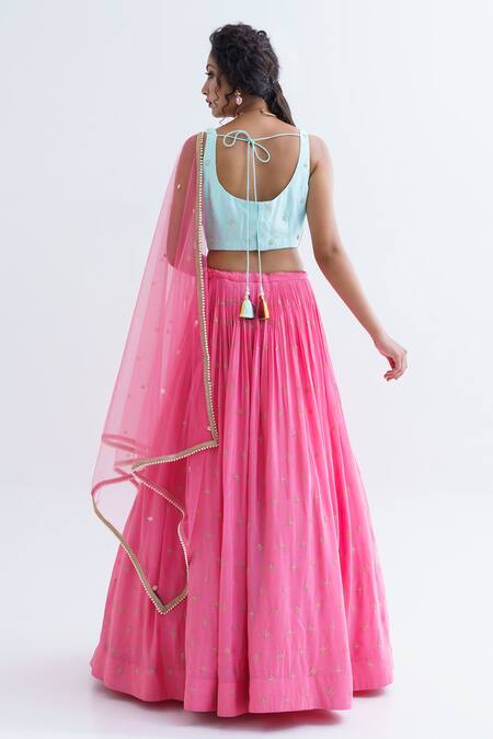 Shop_Suruchi Parakh_Pink Net, Crepe, Georgette, Tussar Silk Floral Embroidered Blouse Lehenga Set _Online_at_Aza_Fashions