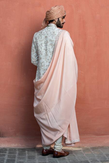 Shop_Nitika Gujral_Pink Floral Embroidered Hem Habutai Silk Stole_at_Aza_Fashions