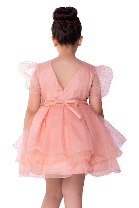 Shop Littlecheer Peach Organza Fabric Flowers Sweepea Layered Dress at Aza Fashions Shop_Littlecheer_Peach Organza Fabric Flowers Sweepea Layered Dress _at_Aza_Fashions