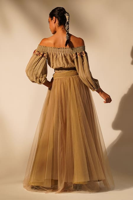 Shop_Nikita Mhaisalkar_Brown Tulle A-line Flared Skirt _at_Aza_Fashions