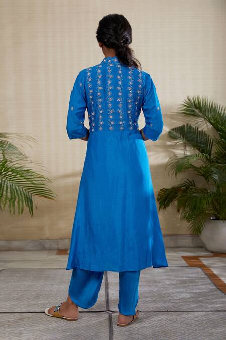 Shop Kefi Collections Blue Silk, Satin Embroidery Mandarin Collar Floral Kurta And Dhoti Pant Set at Aza Fashions Shop_Kefi Collections_Blue Silk, Satin Embroidery Mandarin Collar Floral Kurta And Dhoti Pant Set_at_Aza_Fashions