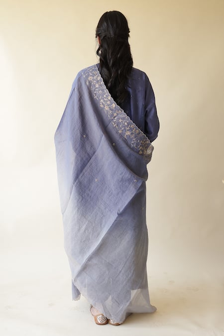 Shop_Rhua_Blue Muslin, , Satin, Silk Embroidery, Adiba Mukaish Work Kurta Set _at_Aza_Fashions