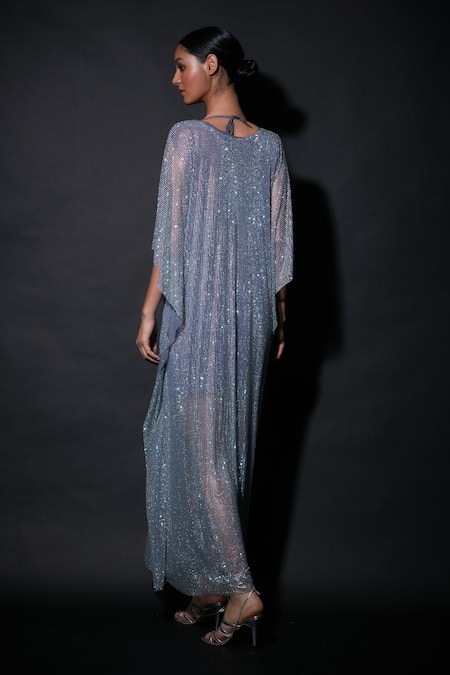 Shop_Itrh_Purple Net Embellishment Crystal V Neck Luxxybliss Kaftan With Bralette _at_Aza_Fashions