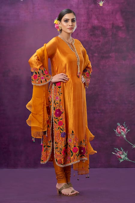 Shop Label Niti Bothra Yellow Kora Silk Mughal Round Floral Applique Kurta Pant Set at Aza Fashions Shop_Label Niti Bothra_Yellow Kora Silk Mughal Round Floral Applique Kurta Pant Set _at_Aza_Fashions
