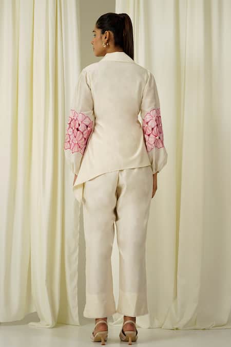 Shop_Sakshi Khetterpal_Ivory Chanderi Pearls, Beads, Embroidery Puffed Sleeve Shirt And Pant Set _at_Aza_Fashions