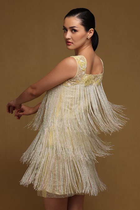 Shop Shriya Som Yellow Tulle Beads, Fringe, Embroidery Square Neck Beaded Mini Dress at Aza Fashions Shop_Shriya Som_Yellow Tulle Beads, Fringe, Embroidery Square Neck Beaded Mini Dress _at_Aza_Fashions