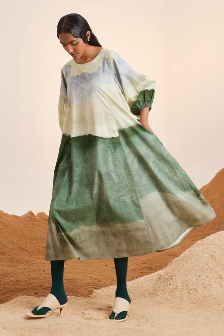 Shop Cord Blue Cotton Embroidery Round Neck Earth Print Lantern Sleeve Dress at Aza Fashions Shop_Cord_Blue Cotton Embroidery Round Neck Earth Print Lantern Sleeve Dress_at_Aza_Fashions