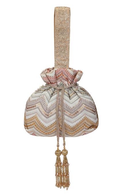 Shop Fuchsia by aashaka mehta White Sequins, Embroidery Sand Silk Potli Bag at Aza Fashions Shop_Fuchsia by aashaka mehta_White Sequins, Embroidery Sand Silk Potli Bag_at_Aza_Fashions