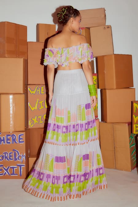 Shop_Nirmooha_Multi Color Georgette Ruffles Off-shoulder Geometric Print Top And Skirt Set _at_Aza_Fashions