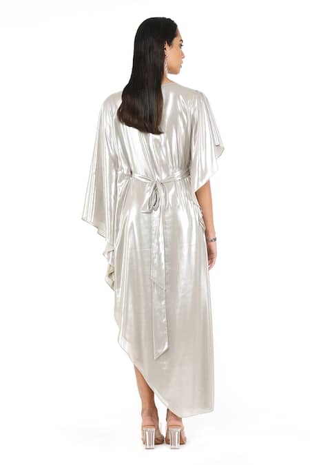 Shop_Rohit Gandhi + Rahul Khanna_Silver Polyester Embroidery Round Neck Stardust Asymmetric Kaftan _at_Aza_Fashions