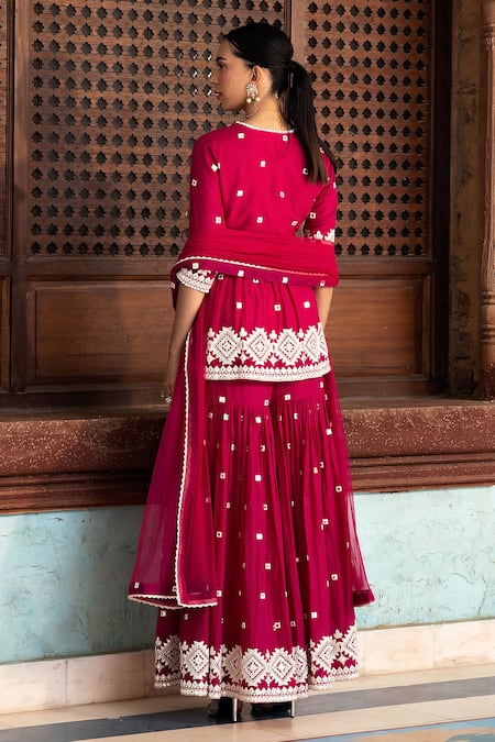 Shop_Preevin_Fuchsia Cotton, Tulle, Net Lace, Tassels, Diamond Pattern Peplum Angrakha Set _at_Aza_Fashions