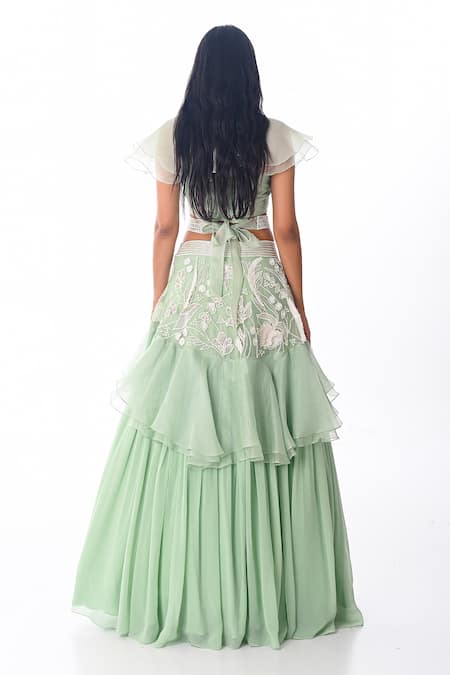 Shop PIRI INDIA Green Organza, Georgette Embroidery Scoop Neck Blouse And Ruffle Lehenga Set at Aza Fashions Shop_PIRI INDIA_Green Organza, Georgette Embroidery Scoop Neck Blouse And Ruffle Lehenga Set _at_Aza_Fashions