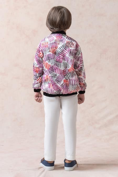Shop Thetaa Wine Velvet, Silk, Cotton Stripe Print Bomber Jacket at Aza Fashions Shop_Thetaa_Wine Velvet, Silk, Cotton Stripe Print Bomber Jacket _at_Aza_Fashions